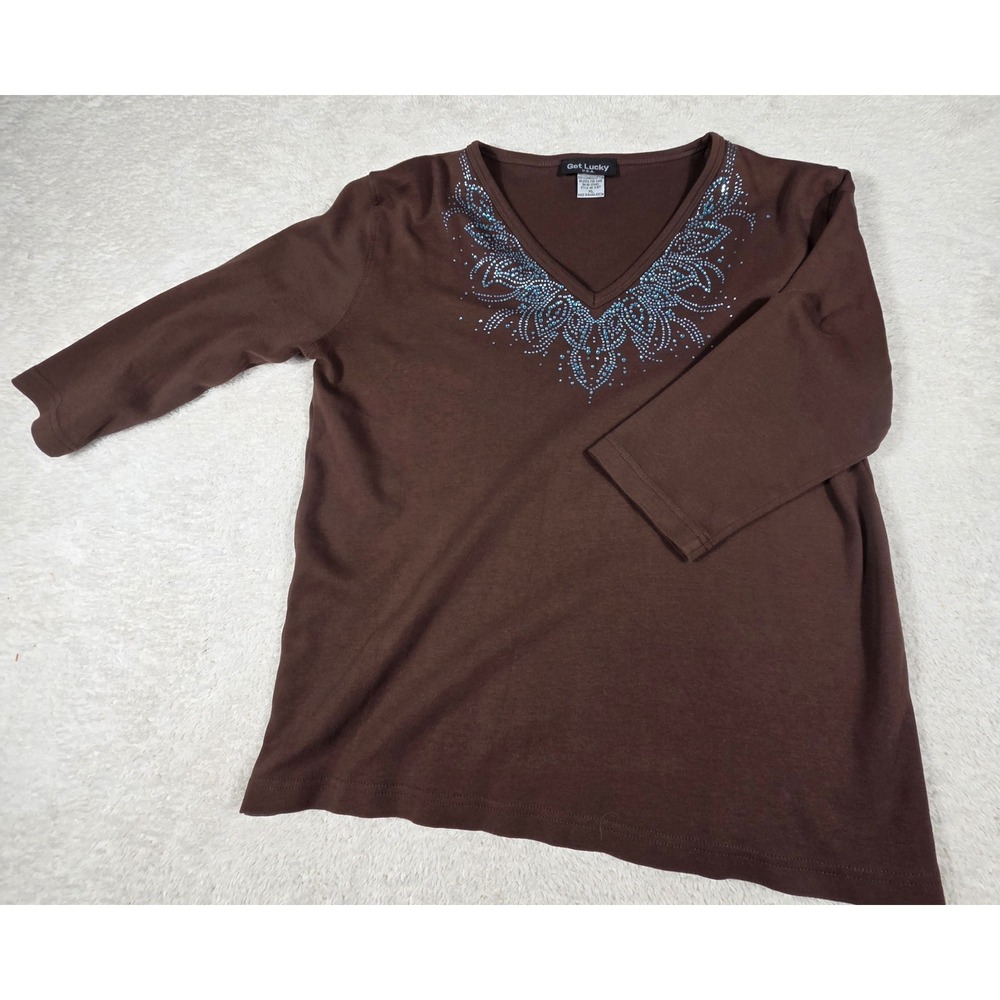 Get Lucky T-Shirt Women XL Brown Excellent Rhinestone V-Neck 3/4 Sleeve K107